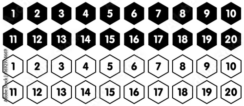 Vector illustration bullet point set in hexagonal style. Pins with number 1 to 20.