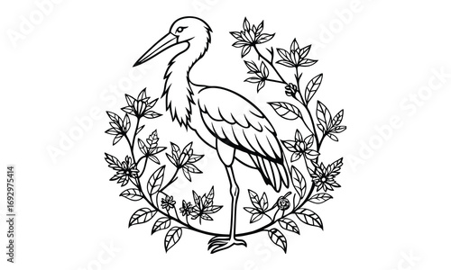 Stork Kids t shirt design silhouette and vector line art, Detailed High-Quality Line Art, Suitable for Adult Coloring Books, Stress Relief, Relaxation, and Printable Art Therapy Projects.
