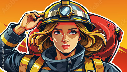 Close-up portrait of female firefighter adjusting helmet with determined gaze. Isolated white background symbolizes courage, resilience, and modern heroism in emergency service.