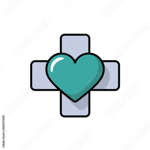 Medical Cross with Heart a Symbol of Health and Wellbeing Teal Heart in Center