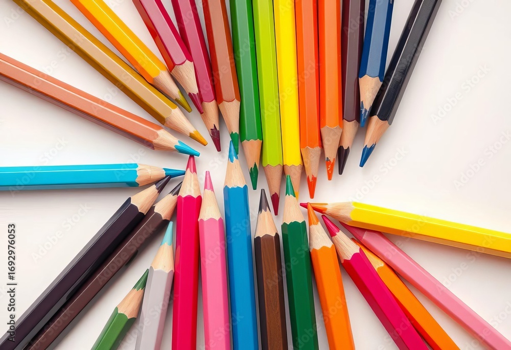 Fototapeta premium A vibrant collection of colored pencils arranged on a clean white background, colorful pencils, art supplies