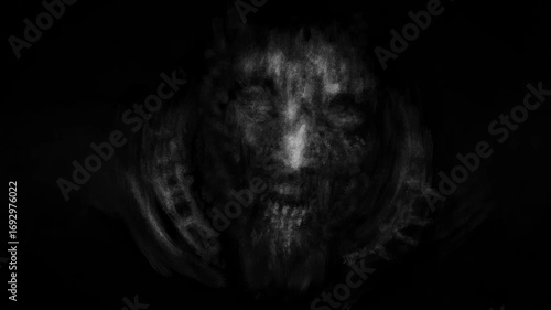Welcome to Hell! 2D animation in dark fantasy genre. Animated horror collection. Evil monsters, scared man, alien with tentacles. Spooky Halloween images. Blur effects, camera shake. Black and white.