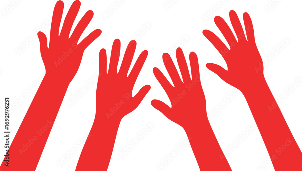 Fototapeta premium A bold red silhouette of multiple raised hands symbolizing unity, participation, support, and protest. Perfect for activism graphics, social movement branding, volunteer events, or UI elements.