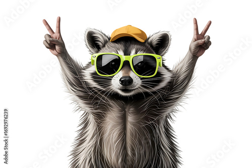 Cool raccoon wearing yellow sunglasses and orange beanie isolated on transparent background making peace signs with realistic fur texture and playful anthropomorphic cartoon style