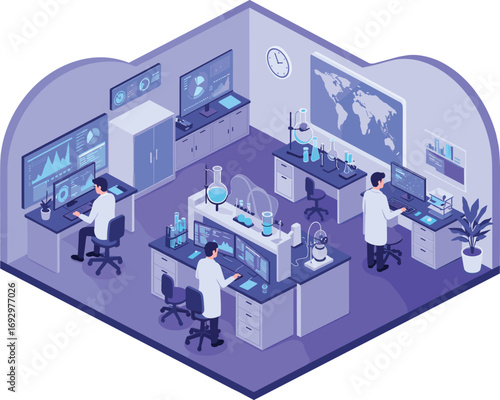 Futuristic laboratory interior with scientists, advanced research lab, digital data analysis, lab technology, biotech innovation, science workspace, analytics.