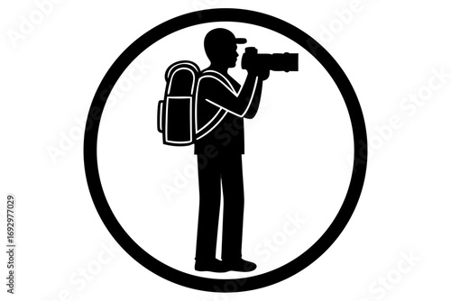 Vector art of silhouette of a photographer a camera backpack, capturing a moment