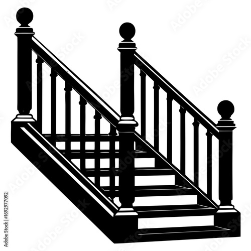 Vector art of a black white illustration of a staircase a railing