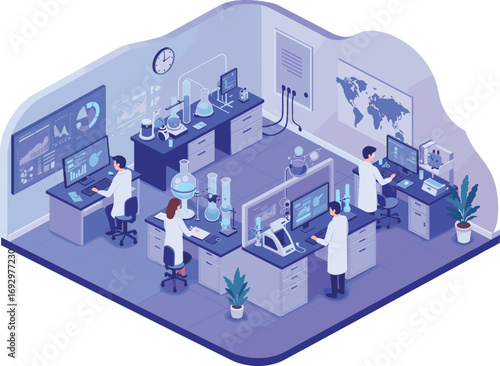 Futuristic laboratory interior with scientists, advanced research lab, digital data analysis, lab technology, biotech innovation, science workspace, analytics.