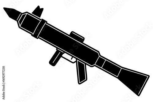 Illustration of a black rocket launcher a white outline, angled to the right