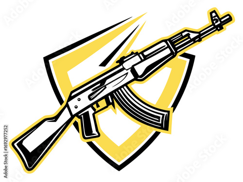 Vector art of an ak47 assault rifle is displayed diagonally against a yellow black shield