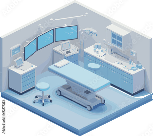 Futuristic surgery room interior, modern operating table, medical equipment setup, sterile hospital environment, digital health tech, smart operating room.