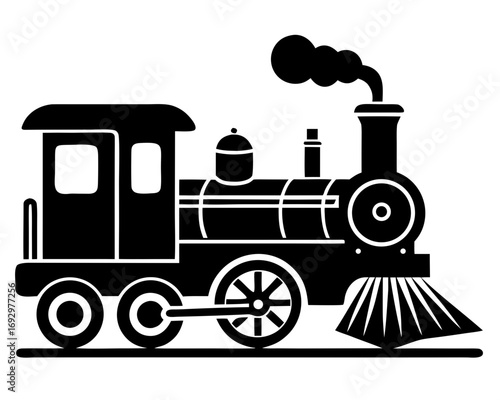 Vector art of a black white illustration of a vintage steam train, puffing smoke