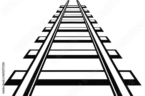 Vector art of a black white illustration of a railway track receding into the distance