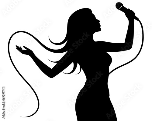 Vector art of silhouette of a woman singing into a microphone, , flowing hair dress