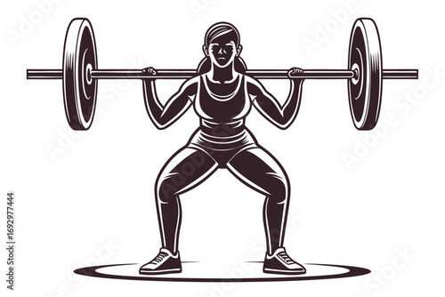 Vector art of a strong woman is performing a barbell squat, her strength fitness