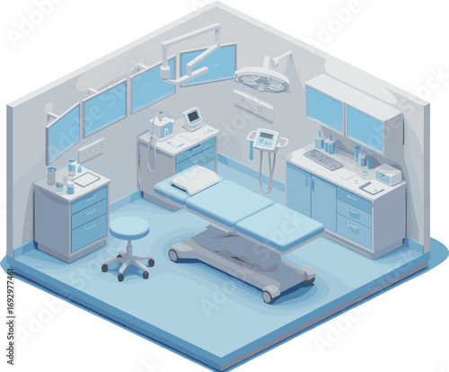 Futuristic surgery room interior, modern operating table, medical equipment setup, sterile hospital environment, digital health tech, smart operating room.