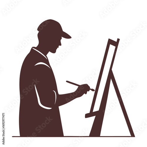 Vector art of silhouette of an artist standing in front of an easel, holding a paintbrush