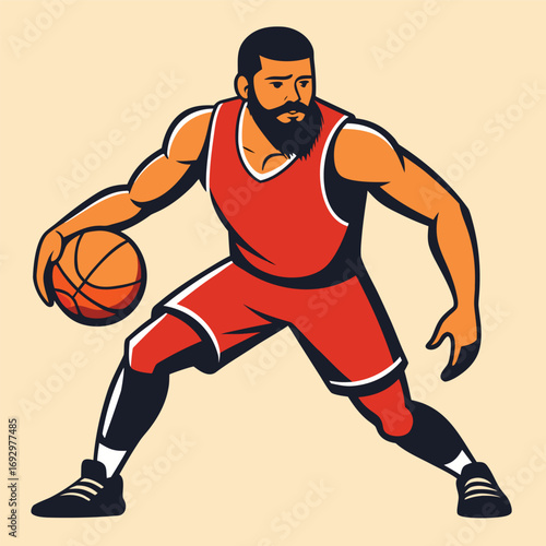 Illustration of a bearded basketball player dribbling the ball on a beige background, vector design