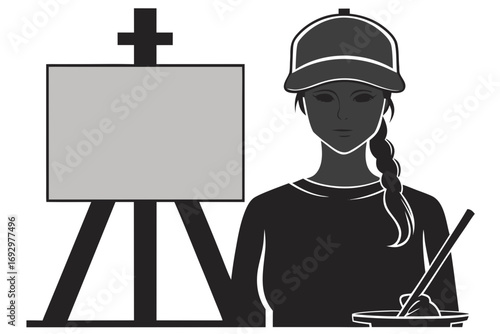 Illustration of a female artist a canvas on an easel