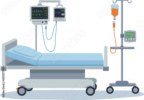 Hospital bed with medical equipment, ICU monitor, IV drip, oxygen mask, emergency care setup, healthcare technology, intensive care unit.