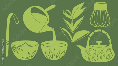 Retro matcha tea element set with teapot, sprout, cups, whisk, and bamboo spoon in green. Perfect for tea brands, cafes, designers, and packaging.