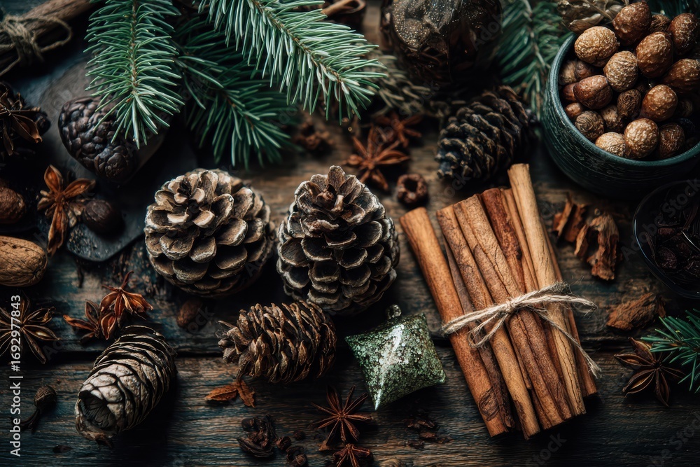 Fototapeta premium Christmas spices and pine cones creating festive atmosphere on wooden table