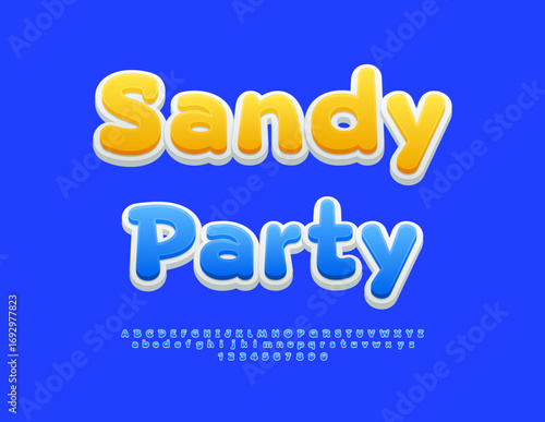 Vector Touristic flyer Sandy Beach. Cute Round Blue Font. Decorative Alphabet Letters and Numbers set.