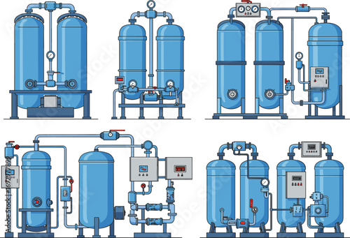 Industrial air compressor system with pressure vessels, filtration units, gauges, and control panels for factory pneumatic and filtration operations.