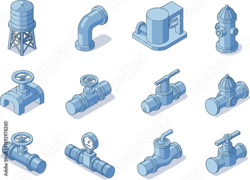Isometric water infrastructure icons set featuring valves, pipes, hydrants, gauges, and tanks for plumbing, industrial, and utility design.