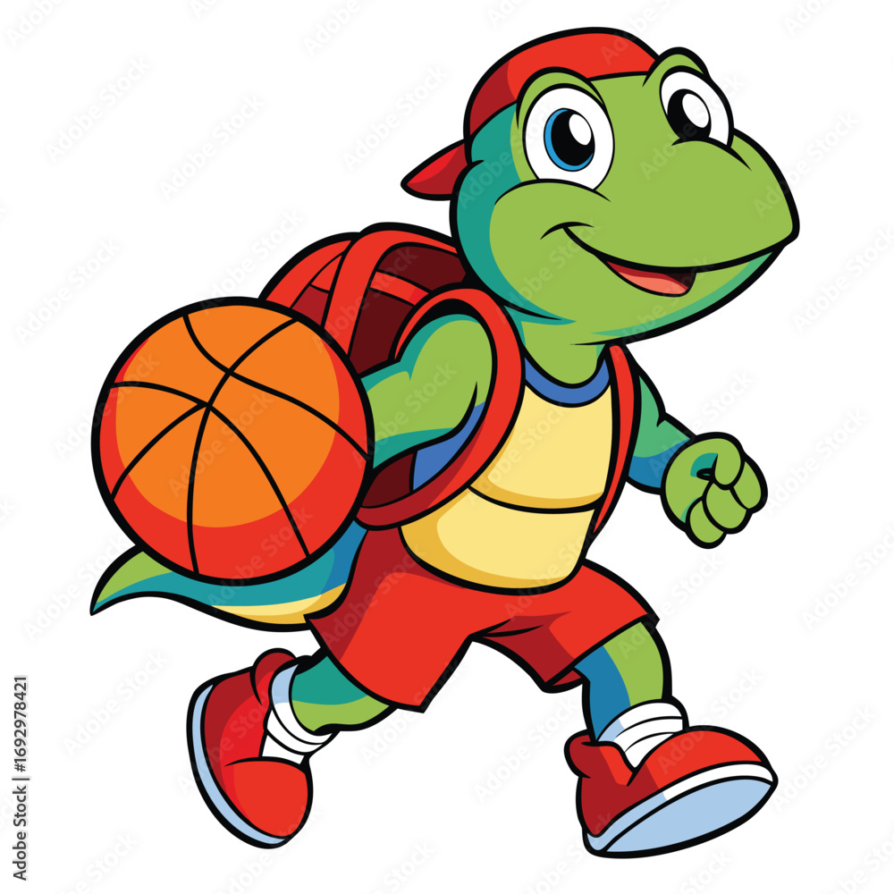Obraz premium Cartoon turtle playing basketball isolated on white background, wearing a cap and backpack, ready for the game