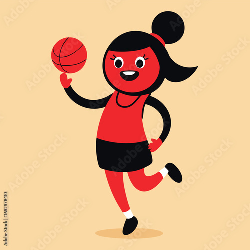 A cheerful cartoon girl in a red and black basketball uniform dribbles the ball on a beige background