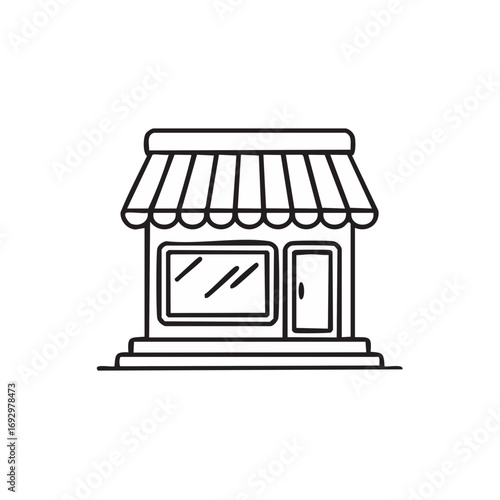 A simple drawing of a storefront, ideal for illustrating a shop or small business, with an awning and a single door