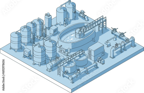 Isometric water treatment plant with industrial tanks, pipelines, valves, filtration units, and purification system for clean water processing.