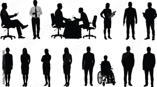 Silhouettes of diverse business people working and interacting, standing, sitting, wheelchair user included, professional corporate team concept, vector illustration on white background