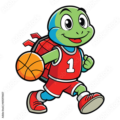 A cheerful cartoon turtle in a red basketball uniform dribbles the ball isolated on white background