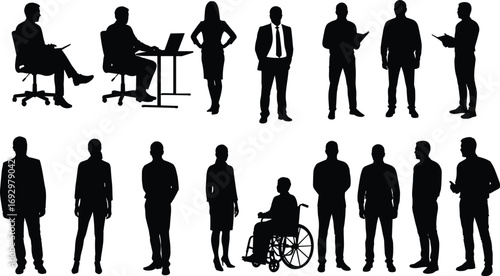 Business people silhouettes group, diverse men and women standing and working, wheelchair user included, corporate team concept, vector illustration on white background