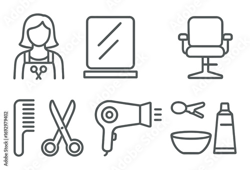 Barber shop symbols: tools and equipment icons for hair styling and grooming