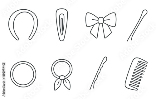 Set of eight hair accessories icons: headband, hairclip, bow, cotton swab, hair tie, scarf, bobby pin, comb