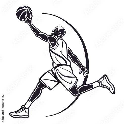 Basketball player jumping to dunk the ball, vector illustration isolated on white background sport design