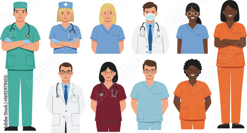 Diverse group of medical professionals in scrubs and lab coats, doctors and nurses standing, hospital team illustration, healthcare staff vector design