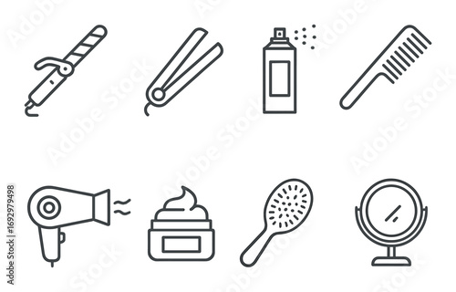 Hair styling tools set including curling iron, straightener, hairdryer, comb, mirror, and hair products