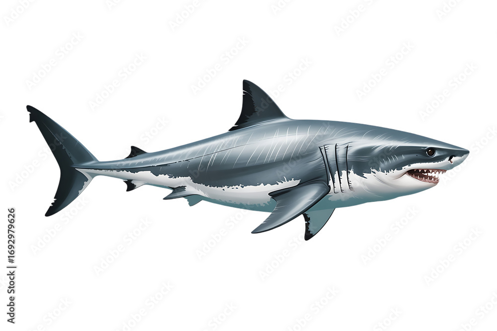 Obraz premium Great White Shark isolated on transparent background with hyperrealistic detail, silvery grey skin, sharp teeth, dorsal fin highlights, and dramatic underwater predator wildlife design