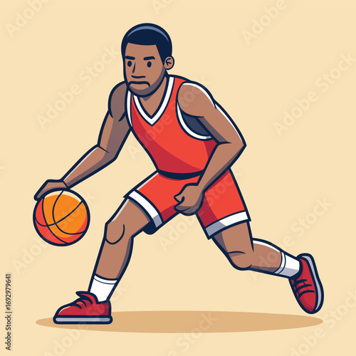 Basketball player dribbling the ball, showcasing athleticism and skill on the court with determination and focus