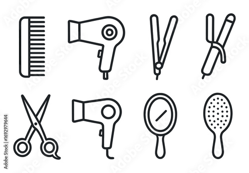 Set of hair styling tools icons: comb, hairdryer, curling iron, scissors, mirror, brush