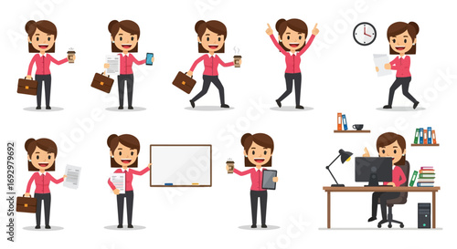Cartoon office worker character constructor vector illustration. A smiling business woman wearing a pink shirt and trousers holds a briefcase, documents, a smartphone, and a coffee cup. Various poses 
