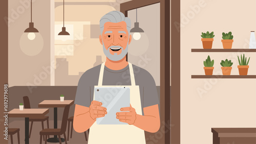 Mature Cafe owner holding holding digital tablet to take orders