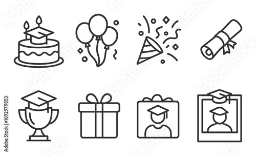 Graduation celebration icons: cake, cap, diploma, trophy, gifts, balloons
