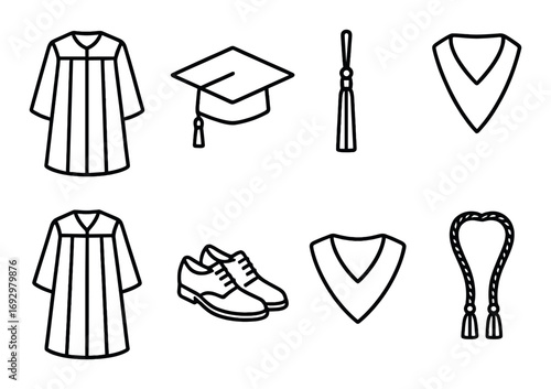 Graduation elements: gown, cap, tassel, collar, shoes, rope for ceremony attire
