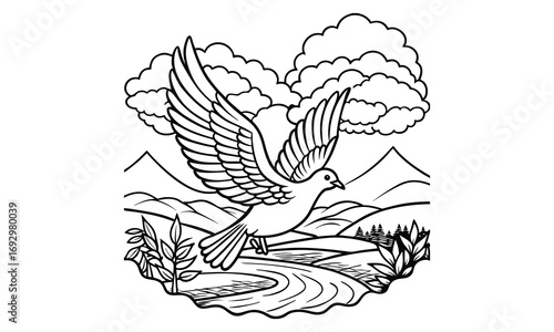 Dove Kids t shirt design silhouette and vector line art, Detailed Line Art, Perfect for Relaxation and Stress Relief, Great for Adult Coloring Books or Printable Art Therapy Activities.