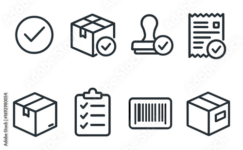 Set of delivery icons featuring checkmarks, stamps, and barcodes